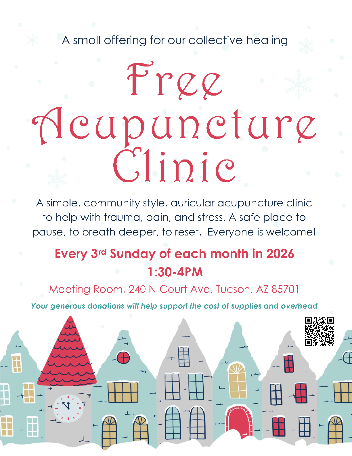 Flyer for Free Acupuncture Clinic with time and date specification, location, and purpose.